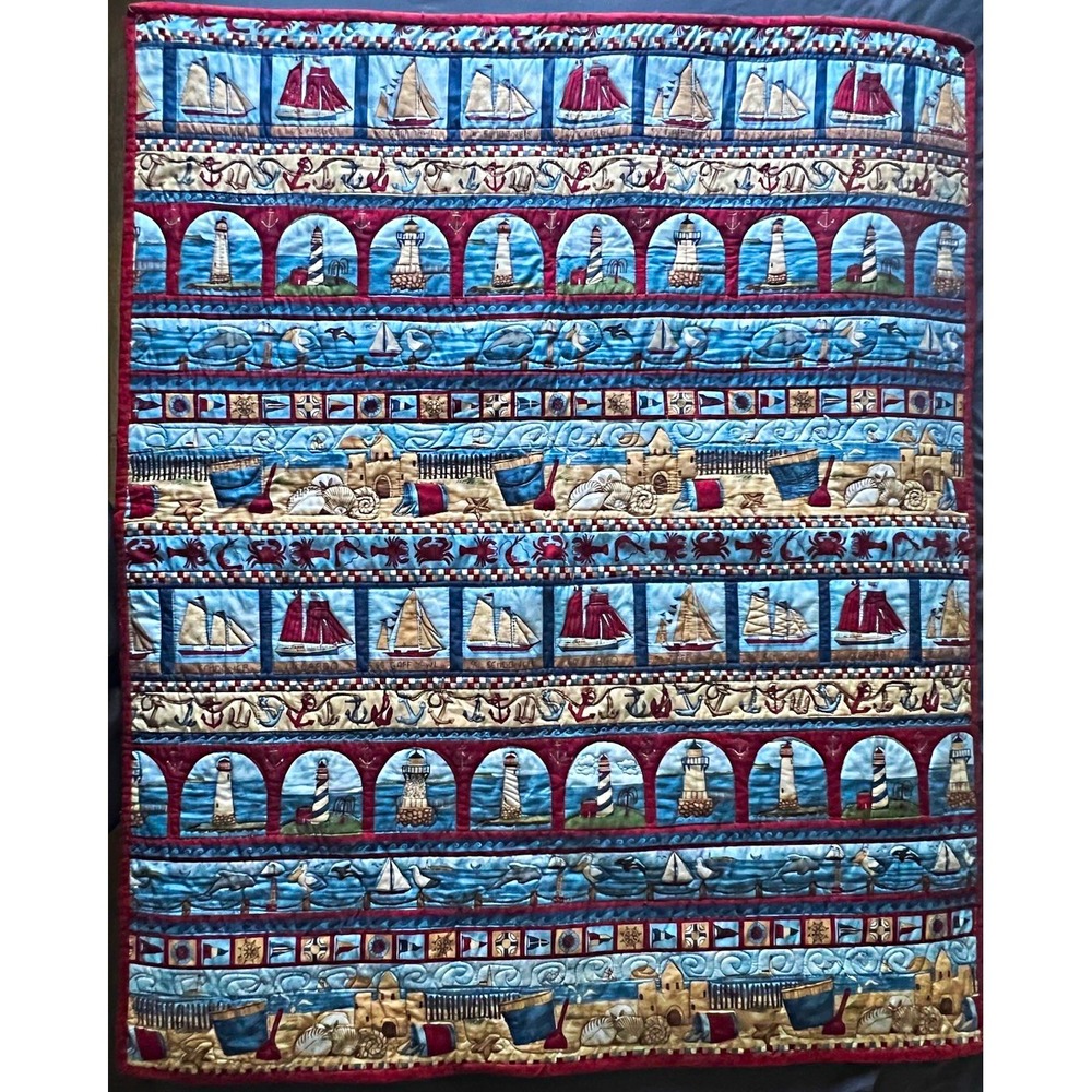 Nautical Coastal Quilted Throw Lighthouse Sailboat Beach 35x41 Wall Hanging